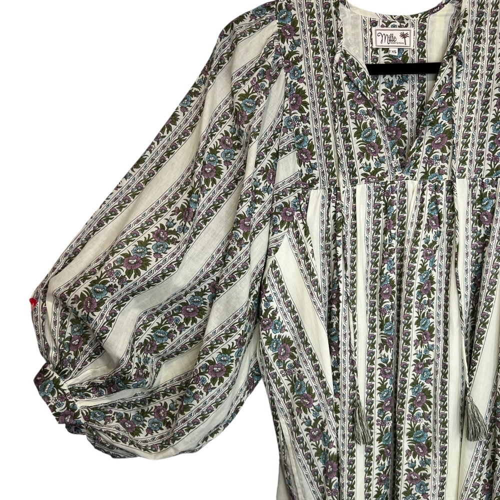 Mille Daisy Balloon Sleeve Goa Stripe Floral Tassel Tie Mini Cotton Dress SZ XS - Picture 5 of 13